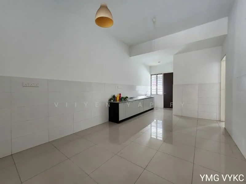 Room features: white painted walls, glossy ceramic tile flooring, single pendant light, large window with natural light, black countertop, minimalist decor, open layout, no visible appliances; style: modern.
