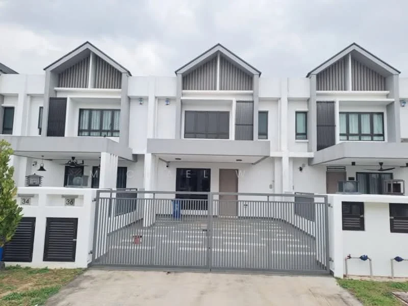 Exterior type: linked terrace house; features: white painted facade, grey accent panels, recessed balconies, flat roof, two-storey structure, gated entrance, manicured lawn, driveway with interlocking pavers; style: modern.