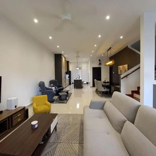 Living features: 3-seater fabric sofa in light grey, yellow accent chair, wooden coffee table, area rug with geometric pattern, wall-mounted TV, ceiling fan, recessed LED downlights, white painted walls, polished tile flooring, decorative wall art, open layout to dining area, staircase in background; style: modern.
