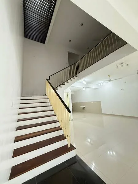 Room features: staircase with wooden steps and white railing, white painted walls, high ceiling, recessed downlights, polished tile flooring, open space, large windows for natural light, ceiling fan; style: modern.