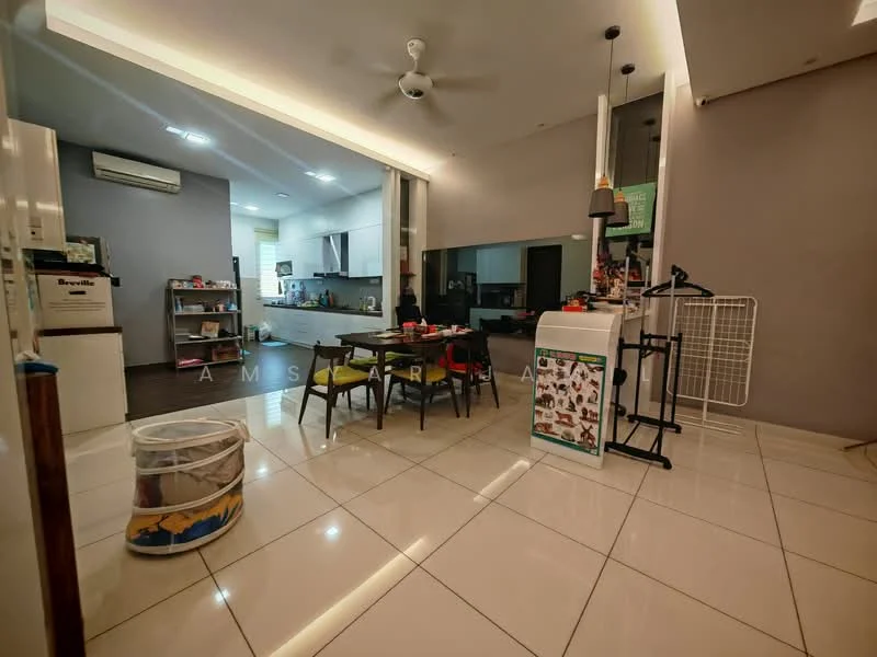 Living features: white painted walls, grey accent wall, glossy tile flooring, 5-blade ceiling fan with light, recessed downlights, dining table with chairs, open shelving, kitchen area visible in background, laundry rack, decorative items on shelves, floor-to-ceiling windows, kitchen island, appliances visible in kitchen; style: modern.
