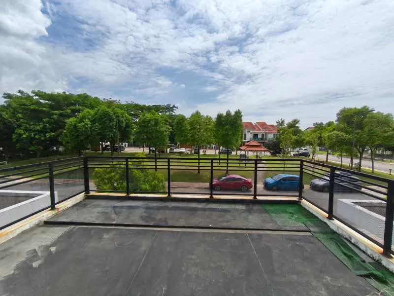Exterior features: open terrace, metal railing, concrete flooring, green lawn, mature trees, surrounding residential area, parking spaces visible, clear sky; style: modern.