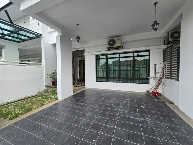 Room features: grey tiled flooring, white painted walls, floor-to-ceiling windows, 2 wall-mounted split AC units, outdoor area with grass, overhead lanterns, sliding glass door, open layout; style: modern; view: garden.