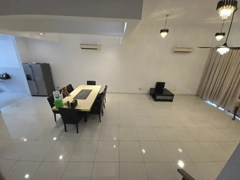 Living features: glossy ceramic tile flooring, white painted walls, dropped ceiling with pendant lights, 5-blade ceiling fan, floor-to-ceiling windows with sheer curtains, black leather sofa, dining table with 6 black chairs, refrigerator, air conditioning unit, decorative wall art; style: modern.