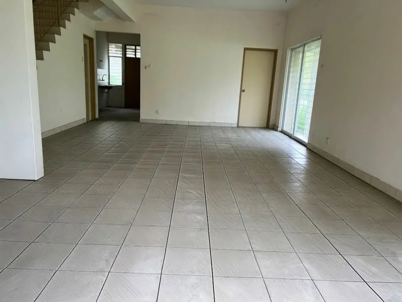 Room features: white painted walls, tile flooring, large windows, sliding glass door, staircase visible, doorway leading to another room.