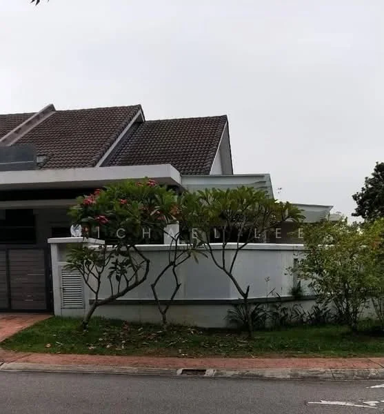 Exterior type: detached bungalow; features: pitched tile roof, white painted facade, manicured lawn, mature trees, tropical landscaping, stone-paved walkway; style: modern.