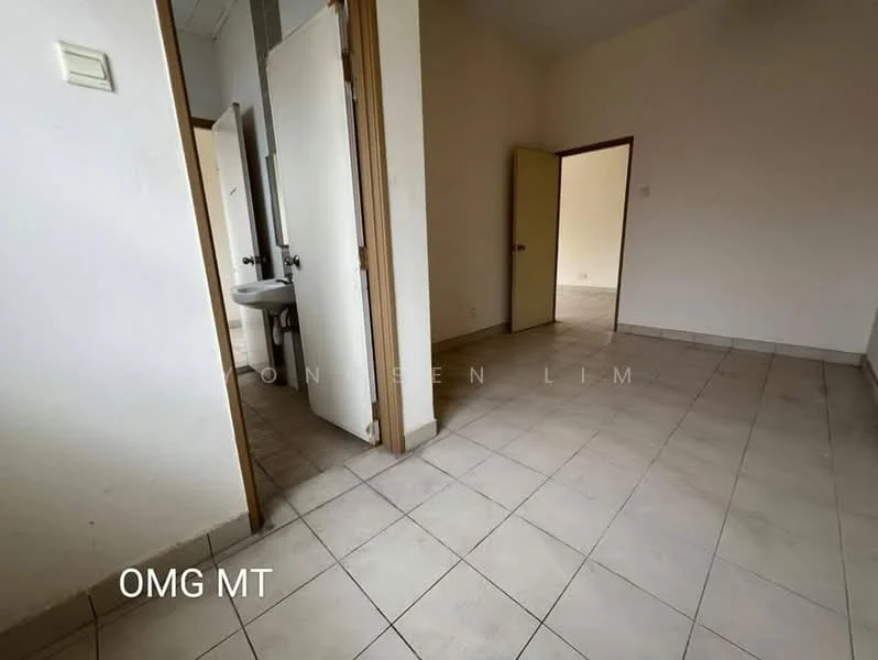 Room features: white painted walls, tile flooring, single door, door frame, window frame, visible plumbing fixtures, neutral color scheme, empty space.