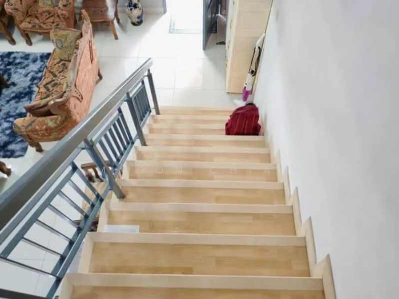 Room features: wooden staircase, light-colored wooden steps, metal railing, white walls, tile flooring, area rug, furniture visible in background, natural light from window; style: modern; view: staircase.