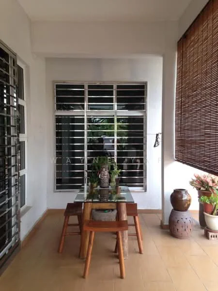 Room features: white painted walls, tile flooring, large windows with metal grilles, wooden dining table, four wooden chairs, decorative statue on table, ceramic pot, bamboo window blinds, potted plants; style: modern; view: garden.