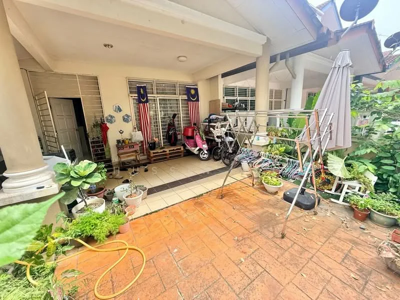 Room features: terracotta tile flooring, white painted walls, large windows with sheer curtains, outdoor drying rack, potted plants, decorative wall hangings, patio umbrella, bicycle, outdoor seating area, garden hose; style: modern; view: garden.