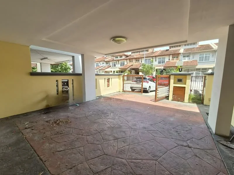 Exterior type: linked terrace house; features: paved driveway, gated entrance, yellow painted walls, concrete flooring, surrounding residential area, car parking space, security gate, open-air parking, fenced perimeter; style: modern.