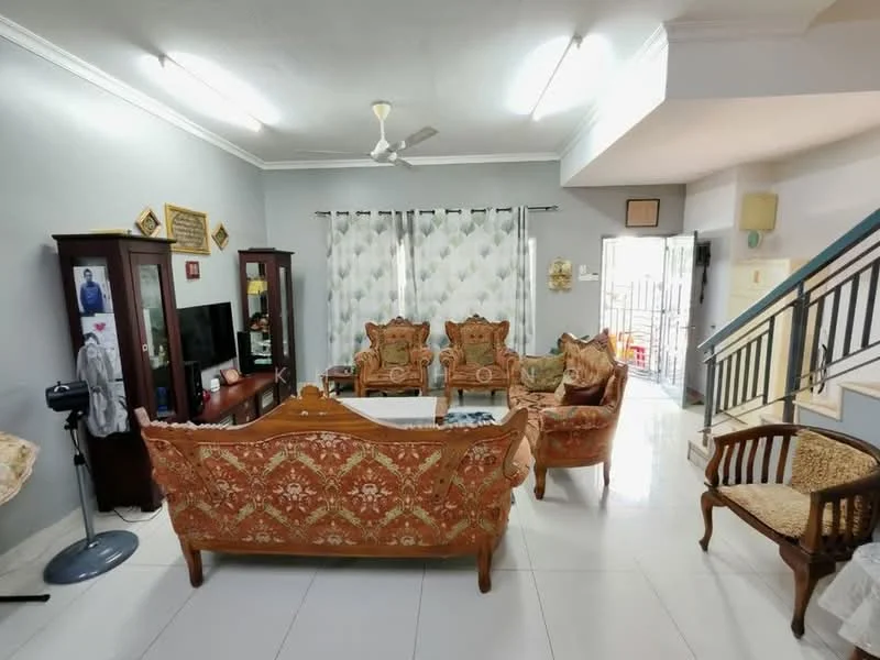 Living features: sofa set with ornate upholstery, 2-seater fabric sofa, armchair with woven seat, coffee table, TV console, wall-mounted TV, curtains with geometric pattern, white tiled flooring, ceiling fan, recessed lighting, decorative wall mirror, staircase with wooden railing; style: traditional.