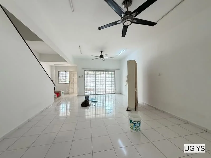 Living features: white painted walls, glossy white tile flooring, 5-blade ceiling fan with light, large sliding glass door, window with blinds, open layout, neutral color scheme, recessed lighting, decorative column, bucket on the floor; style: modern.