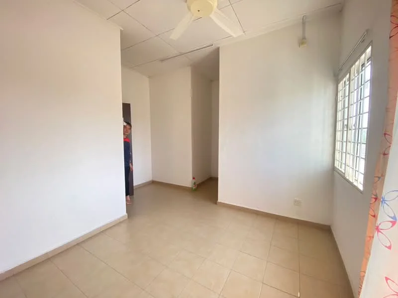 Room features: white painted walls, tile flooring, ceiling fan, window with grille, natural light from window.