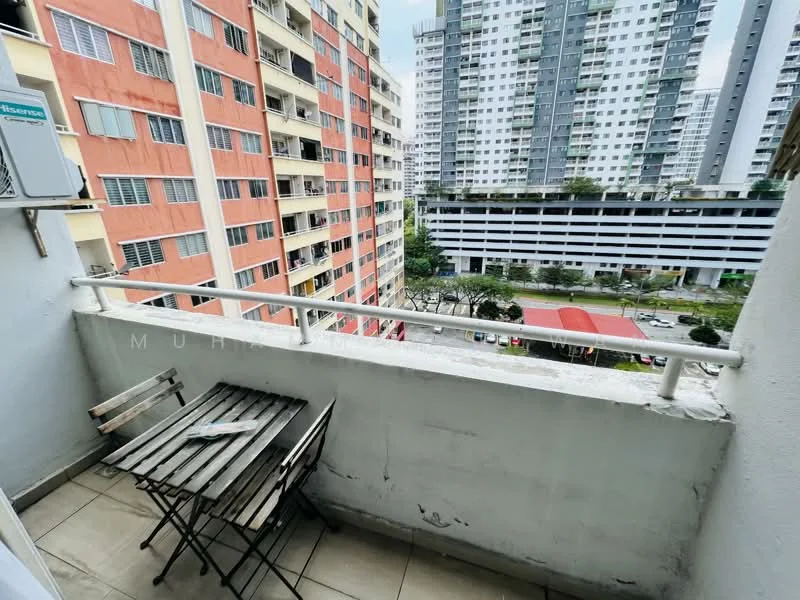 Room features: balcony, metal railing, tile flooring, outdoor table, wooden chairs, city view, surrounding high-rise buildings, parking deck below; style: modern; view: city.