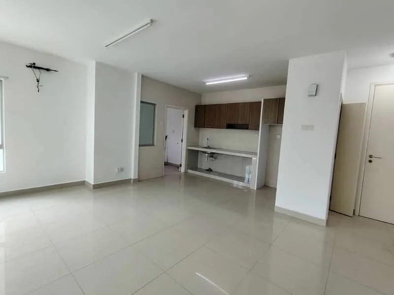 Living features: white painted walls, glossy ceramic tile flooring, recessed LED downlights, floor-to-ceiling windows, open layout to kitchen, kitchen cabinetry in wood finish, single-bowl stainless-steel sink, countertop with backsplash, no visible appliances; style: modern.