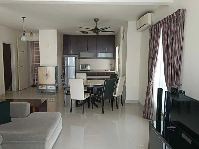 Living features: 3-seater fabric sofa in grey, coffee table, wall-mounted TV, dining table for 6 with upholstered chairs, ceiling fan with light, recessed downlights, floor-to-ceiling windows with sheer curtains, light-colored walls, tile flooring, air conditioning unit; style: modern. Kitchen features: stainless-steel fridge, built-in microwave, kitchen cabinets in dark wood, countertop, sink, stainless-steel range hood, 4-burner gas hob; style: modern.