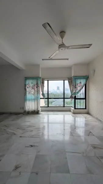 Living features: marble flooring, white painted walls, ceiling fan, floor-to-ceiling windows, sheer curtains, city view; view: city.
