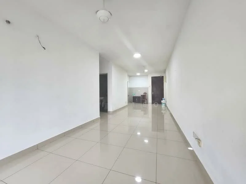 Room features: white painted walls, glossy ceramic tile flooring, recessed LED downlights, ceiling fan, open layout, neutral color scheme, no visible furniture, smooth ceiling; style: modern.