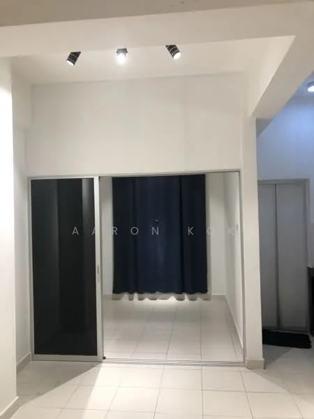Room features: white painted walls, recessed downlights, sliding glass door, dark blue curtains, tile flooring, corner wall with no visible features, neutral color scheme; style: modern.