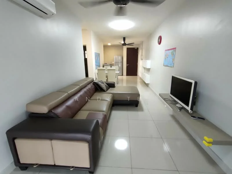 Living features: L-shape sectional sofa in brown and beige, coffee table, wall-mounted TV, TV console, white wall, recessed downlights, ceiling fan, glossy tile flooring, decorative wall art, open layout to dining area; style: modern.