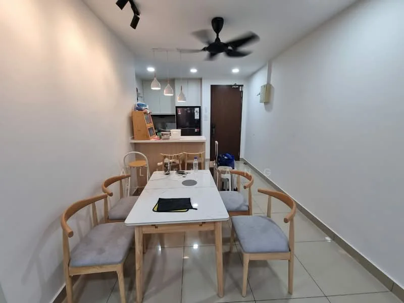 Dining features: 4-seater dining table, wooden dining chairs, pendant lighting above table, ceiling fan with light, white painted walls, glossy ceramic tile flooring, open kitchen layout visible in background, refrigerator visible in kitchen, kitchen countertop with bar stools; style: modern.