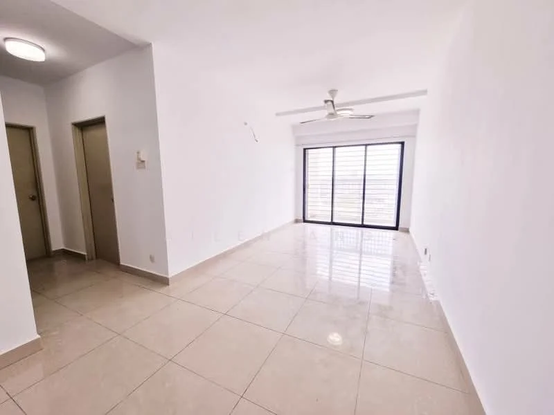 Living features: white painted walls, glossy tile flooring, 5-blade ceiling fan, floor-to-ceiling windows, sliding glass door, natural light, neutral decor, open layout; style: modern. Room features: white painted walls, glossy tile flooring, door to adjacent room.