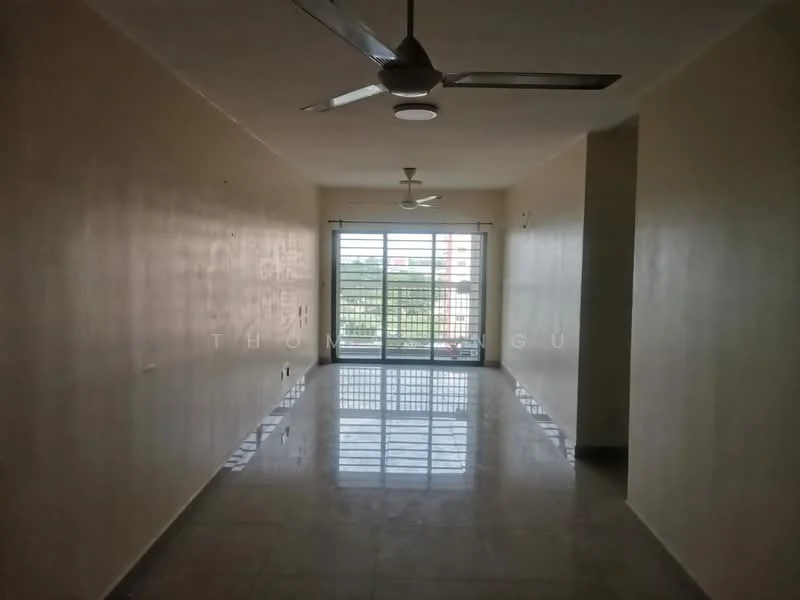 Room features: white painted walls, polished floor tiles, 2 ceiling fans, large sliding glass door, window with grid pattern, natural light from window, neutral color scheme, open layout; style: modern; view: garden.