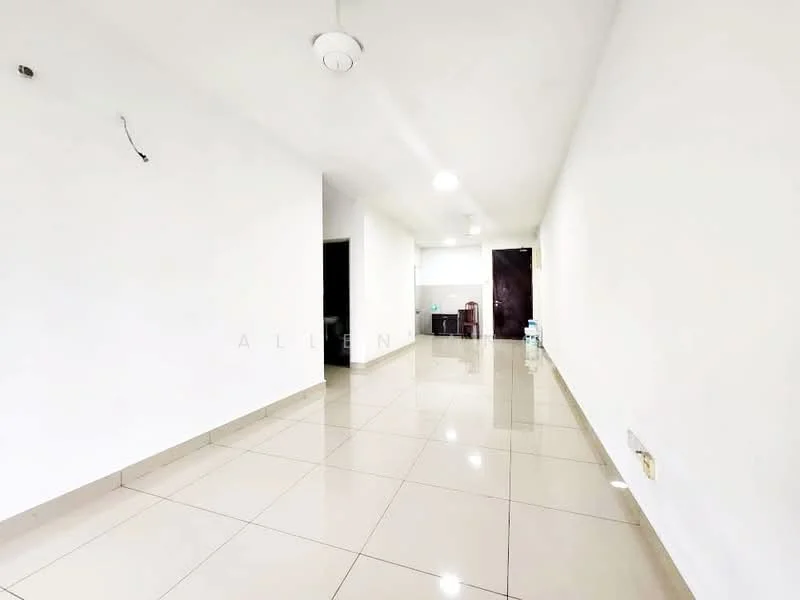 Room features: white painted walls, glossy ceramic tile flooring, recessed downlights, ceiling fan, open layout, neutral color scheme; style: modern.