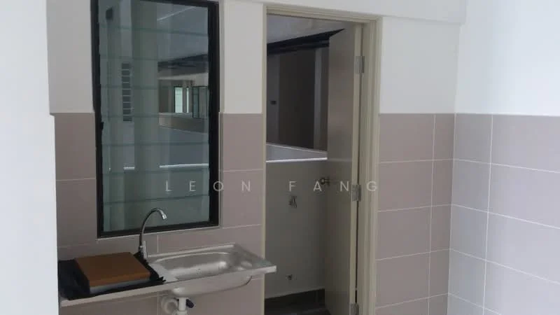 Laundry features: single-bowl stainless-steel sink, chrome faucet, grey tiled walls, white tiled flooring, window with black frame, countertop, utility area, doorway leading to another room; style: modern.
