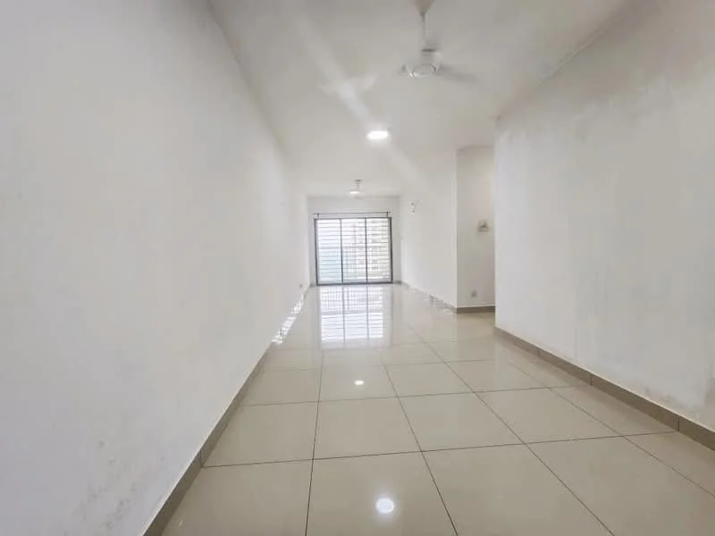 Room features: white painted walls, glossy ceramic tile flooring, ceiling fan, recessed downlights, sliding glass door, floor-to-ceiling windows, natural light from windows, open layout; style: modern.