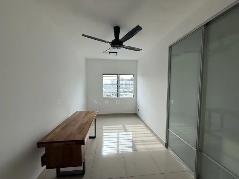 Room features: white painted walls, glossy tile flooring, 5-blade ceiling fan, large window with horizontal blinds, wooden table with metal legs, glass sliding door, natural light from window; style: modern; view: city.