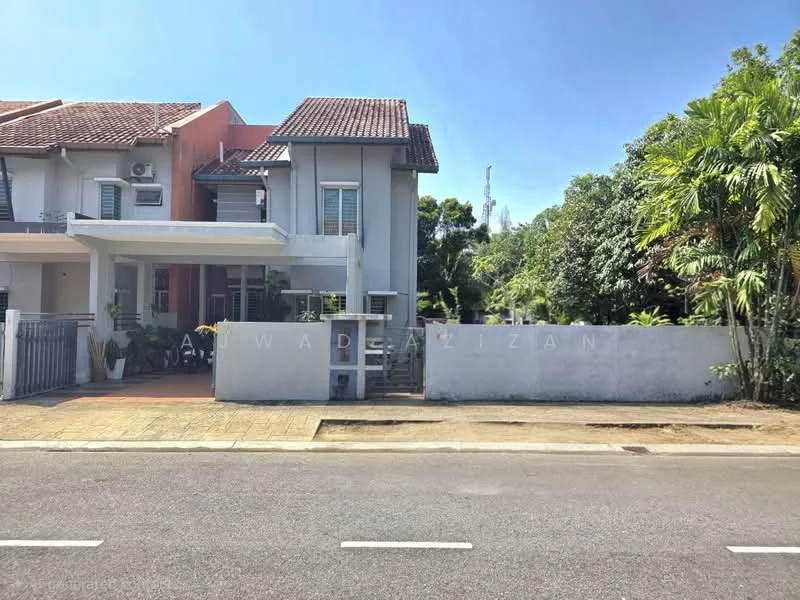 Exterior type: semi-detached house; features: white painted facade, red tile roof, manicured lawn, paved walkway, front porch, fence with gate, landscaped garden, air conditioning unit visible, driveway, surrounded by greenery; style: modern.