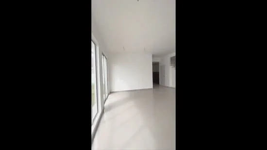 Room features: white painted walls, light grey tile flooring, floor-to-ceiling windows, natural light from windows, recessed downlights, air conditioning unit on wall; style: modern.