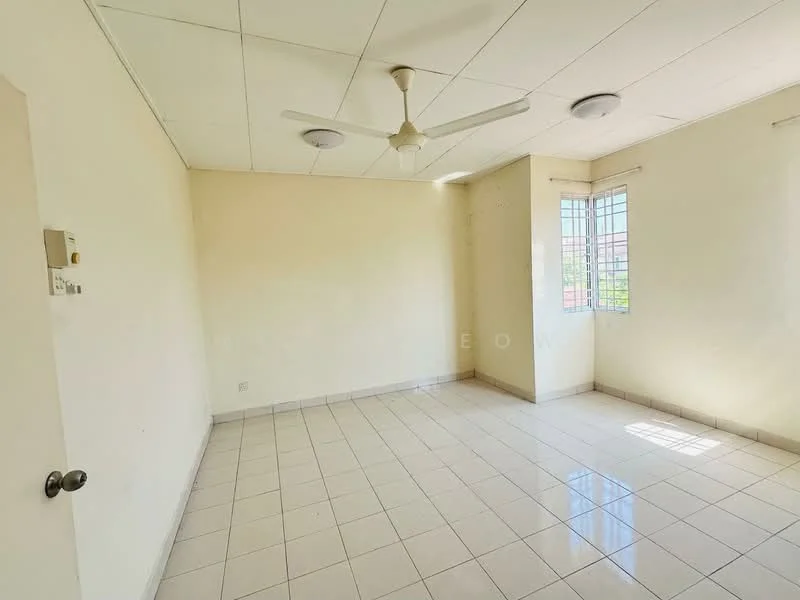 Room features: white painted walls, white ceiling, 2 ceiling fans, tile flooring, corner windows, natural light from windows, window treatments, no visible furniture; style: minimalist; view: garden.