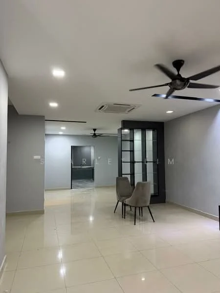 Living features: light grey painted walls, white ceiling, recessed downlights, 2-blade ceiling fan, 2-seater fabric chairs in grey, glazed display cabinet, porcelain tile flooring, air conditioning unit; style: modern. Room features: light grey painted walls, white ceiling, recessed downlights, porcelain tile flooring.