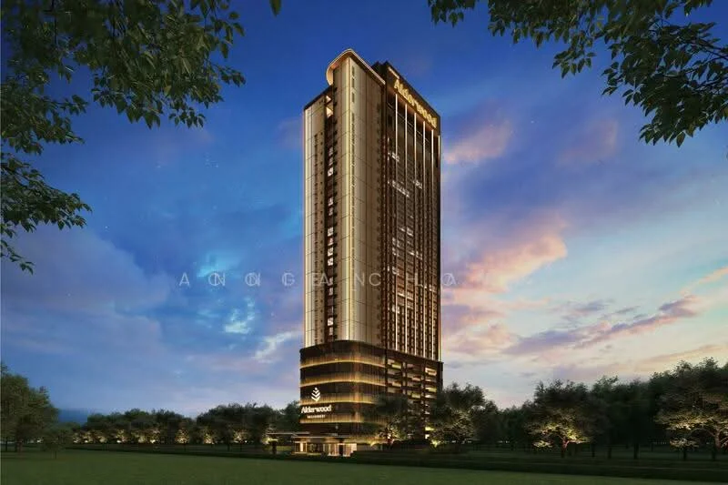 Exterior type: high-rise condominium; features: glass curtain wall, illuminated facade, recessed balconies, landscaped grounds, surrounded by greenery, modern architectural design; style: modern.