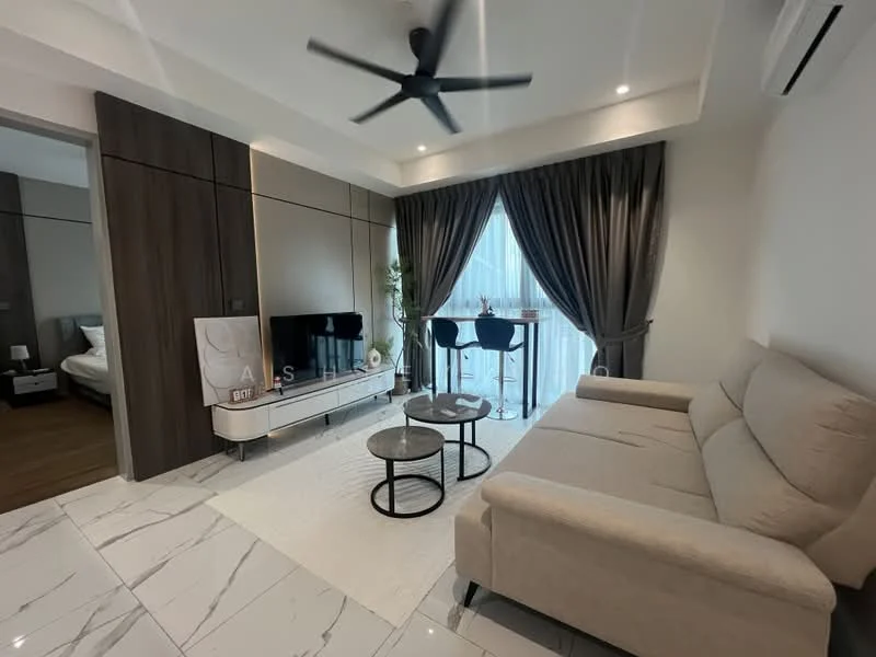 Living features: beige fabric sofa, 2 coffee tables, area rug, wall-mounted TV, white media console, ceiling fan with light, floor-to-ceiling windows, sheer curtains, decorative plant, bar table with stools, recessed downlights, wooden flooring; style: modern. Room features: grey accent wall, doorway to bedroom.