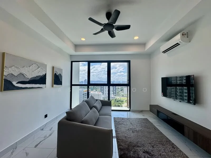 Living features: 3-seater fabric sofa in grey, wall-mounted TV, TV console in wood, area rug with geometric pattern, 5-blade ceiling fan, floor-to-ceiling windows, white painted walls, marble tile flooring, recessed downlights, air conditioning unit; style: modern; view: city.