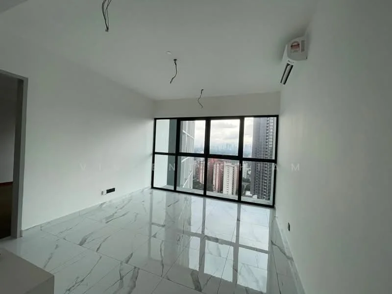 Living features: white painted walls, marble tile flooring, floor-to-ceiling windows, city view, 1 wall-mounted split AC, exposed ceiling wiring, natural light from large windows; style: modern; view: city.