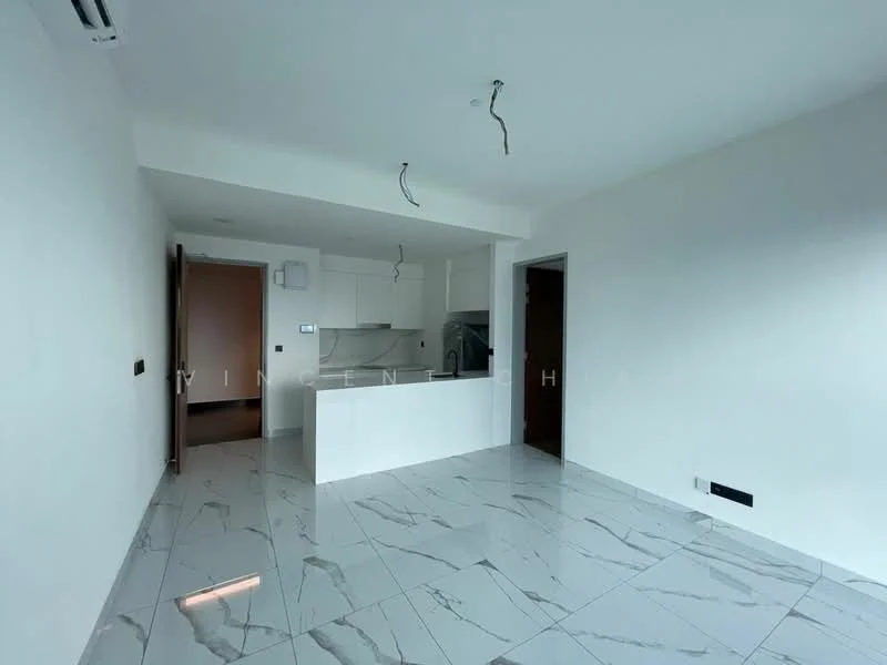 Kitchen features: white painted walls, marble tile flooring, kitchen island, built-in kitchen cabinetry, stainless-steel range hood, open layout, recessed downlights, floor-to-ceiling windows, sliding glass door; style: modern.