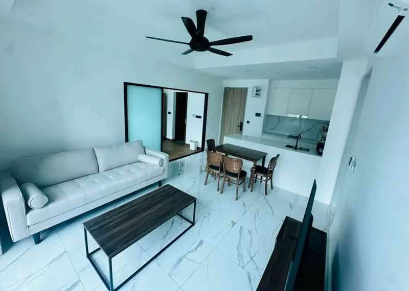 Living features: 3-seater fabric sofa in light grey, wooden coffee table, 4-seater dining table with wooden chairs, floor-to-ceiling windows, white painted walls, marble tile flooring, 5-blade ceiling fan, wall-mounted TV, recessed downlights, sliding glass door, open layout to kitchen; style: modern.