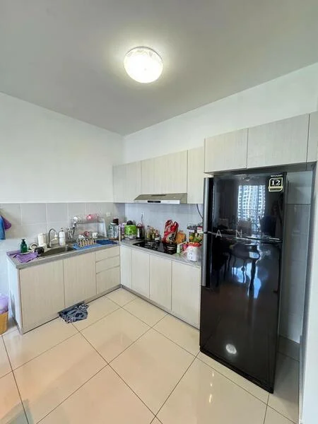 Kitchen features: white laminate cabinetry, black refrigerator, stainless-steel sink, chrome pull-down faucet, ceramic tile flooring, white tiled backsplash, built-in oven, 4-burner gas hob, countertop with space for appliances, window with natural light, various kitchen utensils and appliances visible; style: modern.