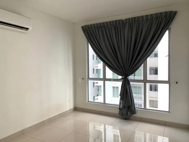 Room features: white painted walls, glossy ceramic tile flooring, floor-to-ceiling windows, grey curtains, 1 wall-mounted split AC.