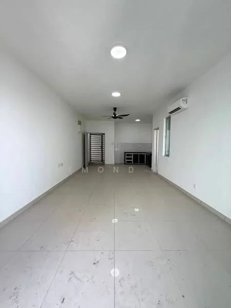 Living features: white painted walls, polished ceramic tile flooring, 5-blade ceiling fan with light, recessed LED downlights, floor-to-ceiling windows, sliding glass door, wall-mounted split AC, open layout, kitchen area visible in background; style: modern.