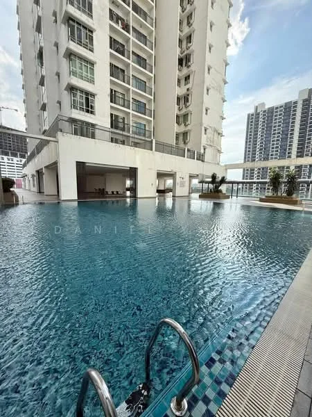 Exterior type: high-rise condominium; features: infinity pool, pool deck, surrounding landscaping, glass railing, covered seating area, modern architecture, water feature, city skyline in background; style: modern.