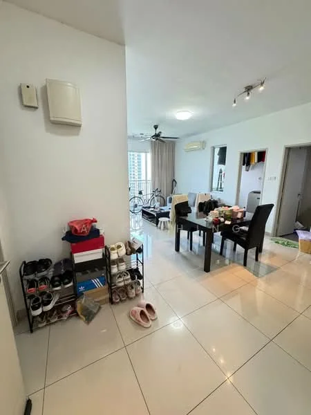 Living features: white painted walls, glossy tile flooring, 5-blade ceiling fan with light, wall-mounted split AC, dining table with chairs, bicycle, shoe rack, decorative items on table, curtains, natural light from windows; style: modern; view: city. Room features: white painted walls, glossy tile flooring.