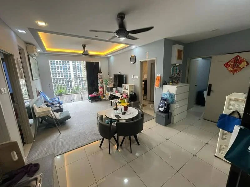 Living features: grey painted walls, white ceiling with recessed lighting, 5-blade ceiling fan, large floor-to-ceiling windows, sliding glass door, white tiled flooring, round dining table with four chairs, area rug, decorative wall art, storage cabinets, open layout to adjacent room; style: modern; view: city. Room features: white painted walls, white ceiling, grey tiled flooring, doorway to adjacent room.