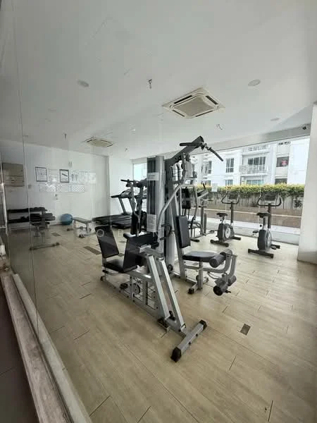 Room features: exercise machines, weight training equipment, cardio machines, mirrored wall, wood-look tile flooring, ceiling-mounted air conditioning unit, large windows, natural light, greenery view outside; style: modern; view: garden.