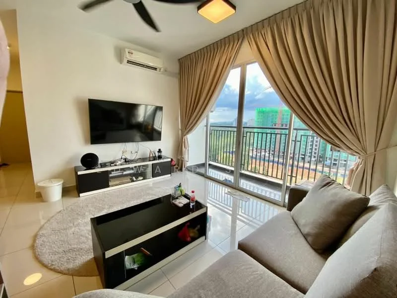 Living features: 3-seater fabric sofa in light grey, coffee table with black surface and storage, area rug with circular shape, wall-mounted TV, floor-to-ceiling windows, sheer curtains, recessed downlights, wall-mounted split AC, ceiling fan with light, decorative items on coffee table; style: modern; view: city.